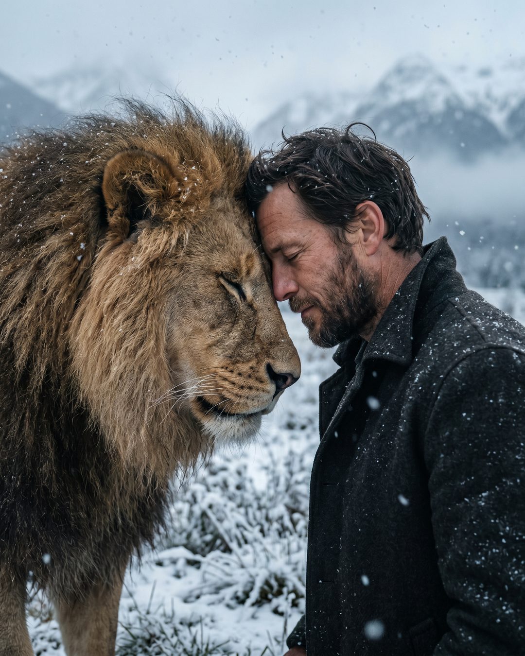 Capa ilustrativa do prompt Retrato de conexão entre homem e leão na neve